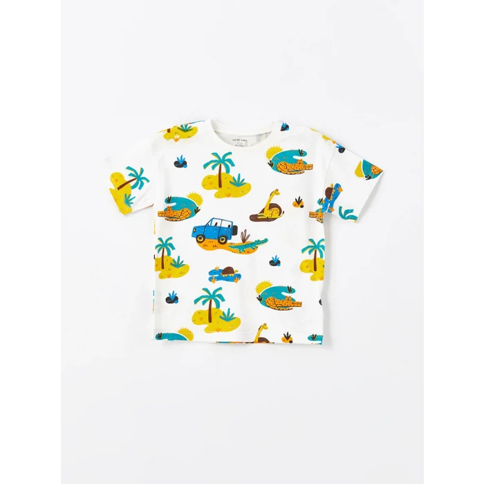 LCW Kids Ekru Bisiklet Yaka Baskılı Erkek Bebek Tişört ve Şort 2li Takım