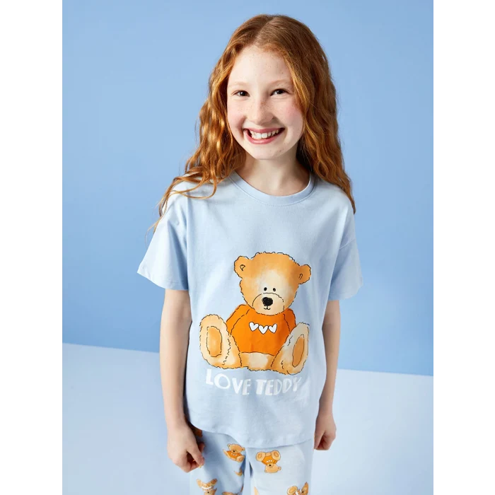 LCW Kids Mavi Bisiklet Yaka Baskılı Kısa Kollu Kız Çocuk Pijama Takımı