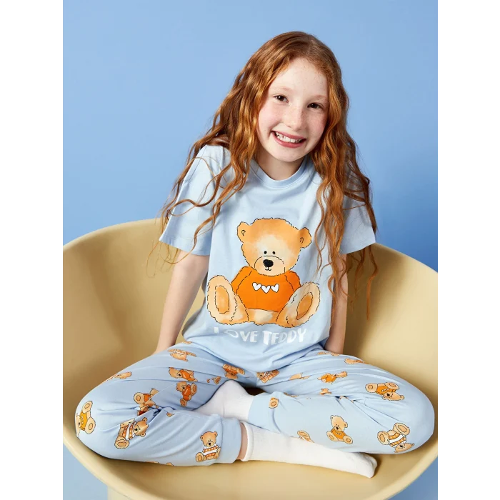 LCW Kids Mavi Bisiklet Yaka Baskılı Kısa Kollu Kız Çocuk Pijama Takımı