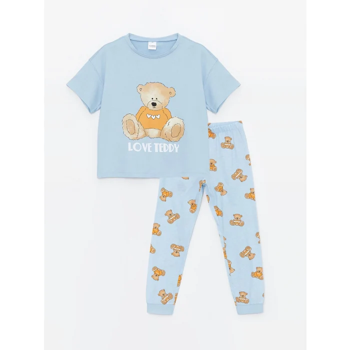 LCW Kids Mavi Bisiklet Yaka Baskılı Kısa Kollu Kız Çocuk Pijama Takımı