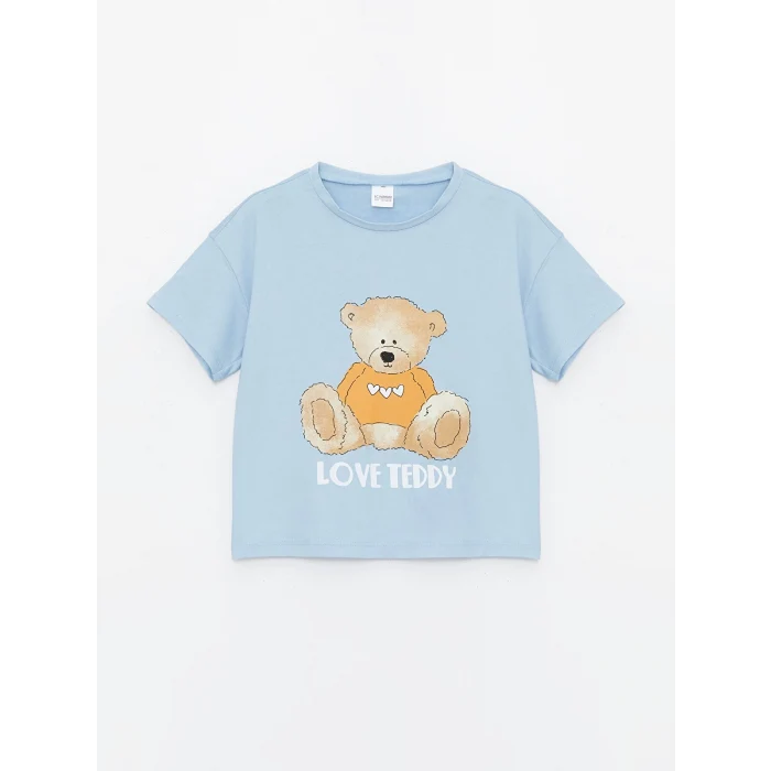 LCW Kids Mavi Bisiklet Yaka Baskılı Kısa Kollu Kız Çocuk Pijama Takımı