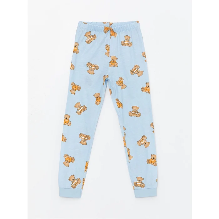 LCW Kids Mavi Bisiklet Yaka Baskılı Kısa Kollu Kız Çocuk Pijama Takımı