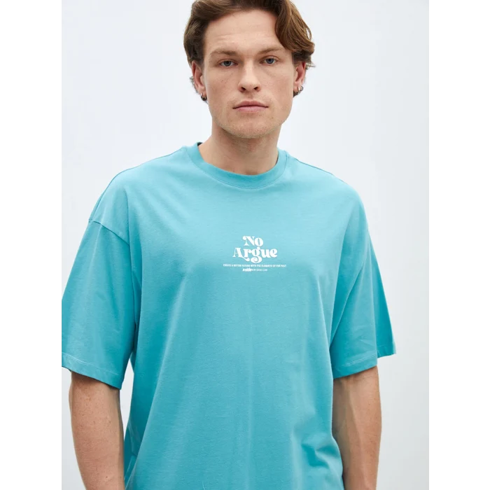 XSIDE Turkuaz Bisiklet Yaka Kısa Kollu Baskılı Penye Erkek Tişört