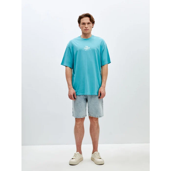 XSIDE Turkuaz Bisiklet Yaka Kısa Kollu Baskılı Penye Erkek Tişört