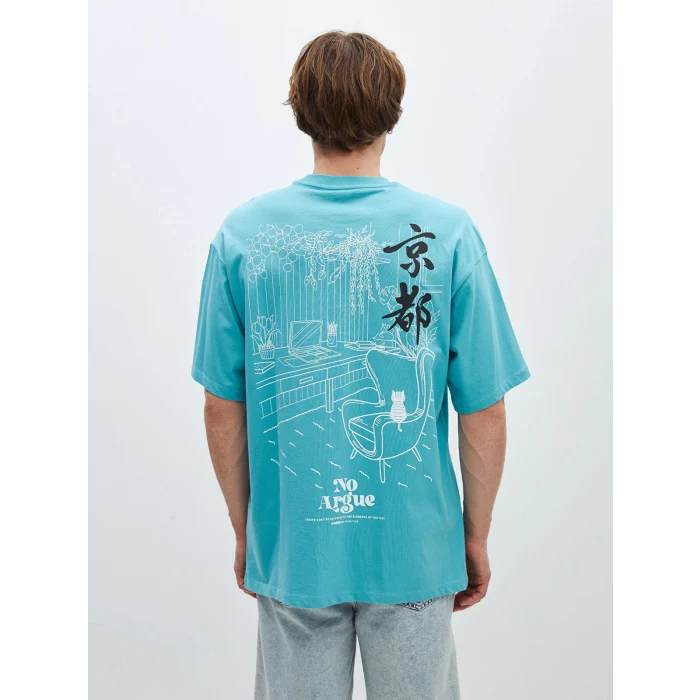 XSIDE Turkuaz Bisiklet Yaka Kısa Kollu Baskılı Penye Erkek Tişört