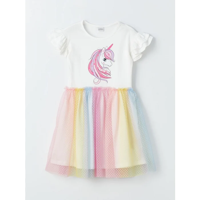 LCW Kids Ekru Bisiklet Yaka Baskılı Kız Çocuk Elbise
