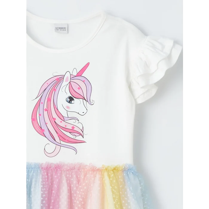 LCW Kids Ekru Bisiklet Yaka Baskılı Kız Çocuk Elbise