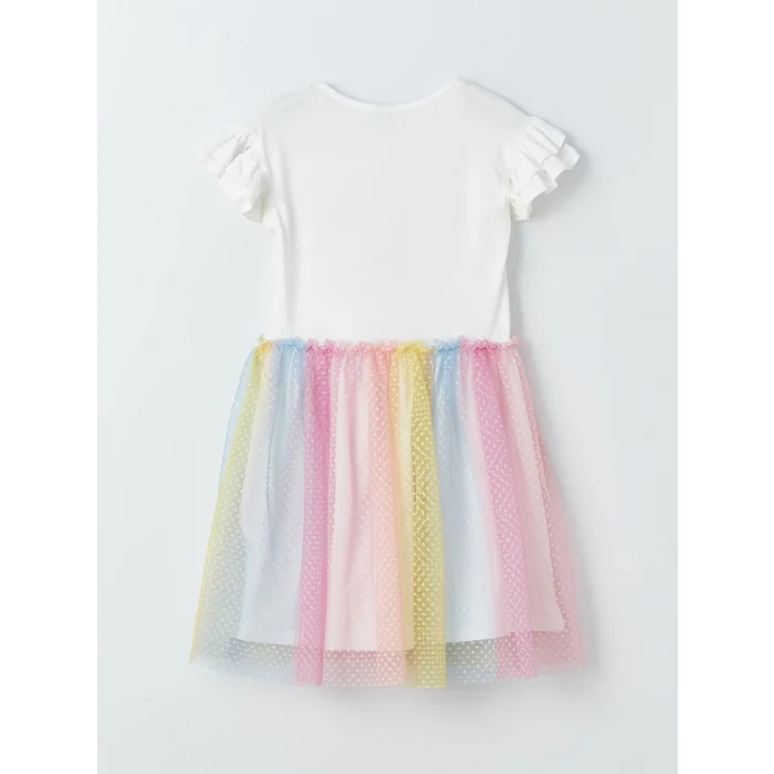 LCW Kids Ekru Bisiklet Yaka Baskılı Kız Çocuk Elbise