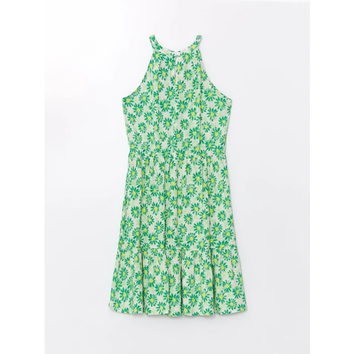 LCW Kids Ekru Halter Yaka Çiçekli Kız Çocuk Elbise