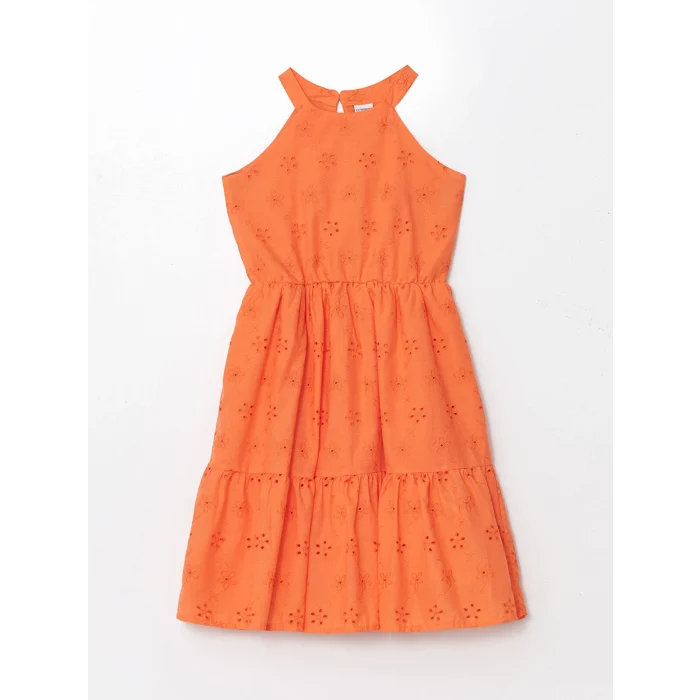 LCW Kids Turuncu Halter Yaka Fisto Detaylı Kız Çocuk Elbise
