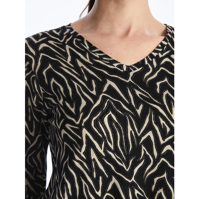 LCW Grace Siyah V Yaka Desenli Uzun Kollu Kadın Bluz