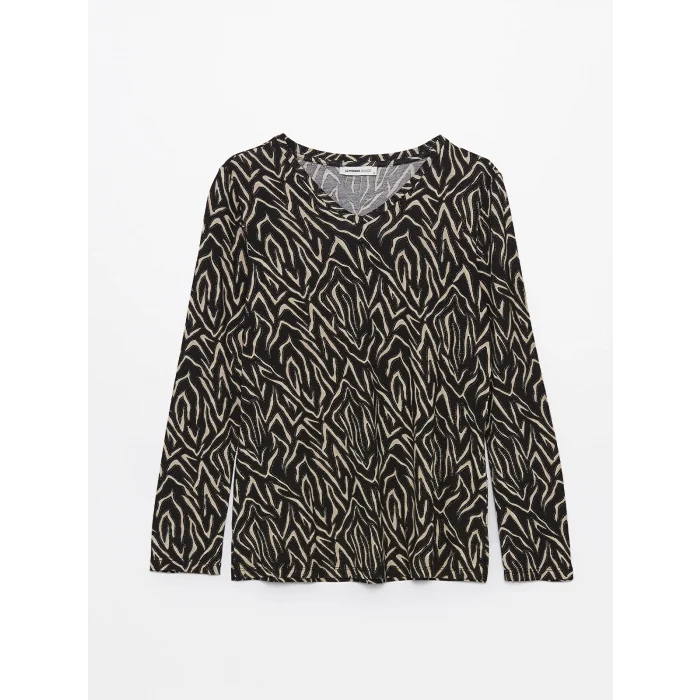 LCW Grace Siyah V Yaka Desenli Uzun Kollu Kadın Bluz