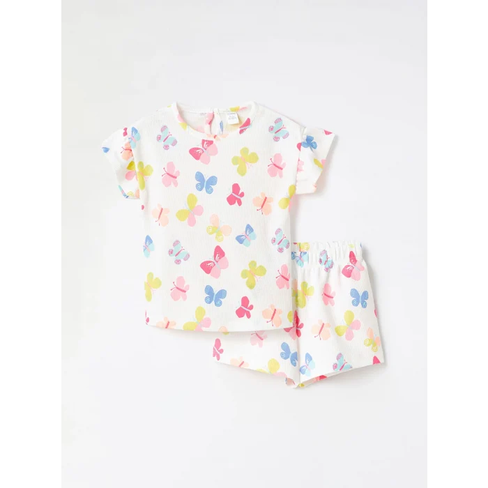 LCW Kids Ekru Bisiklet Yaka Kısa Kollu Kız Bebek Bluz ve Şort 2li Takım