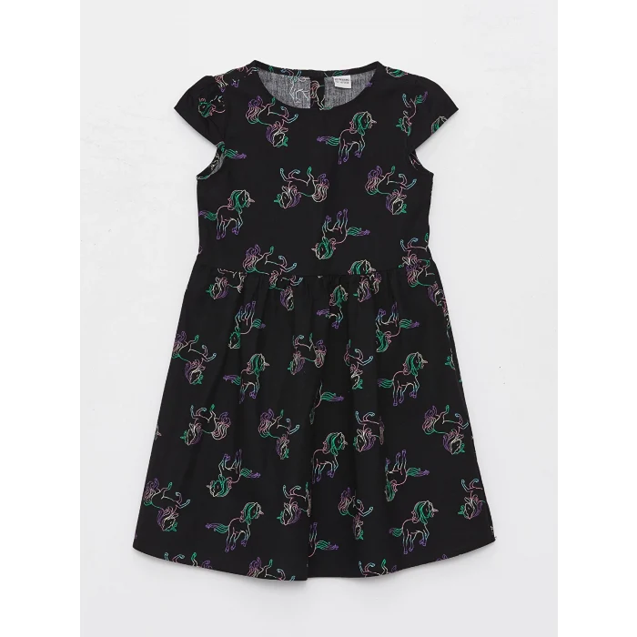 LCW Kids Siyah Bisiklet Yaka Desenli Kısa Kollu Kız Çocuk Elbise