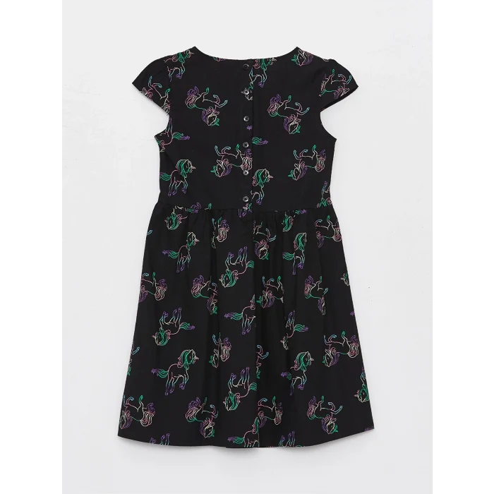 LCW Kids Siyah Bisiklet Yaka Desenli Kısa Kollu Kız Çocuk Elbise