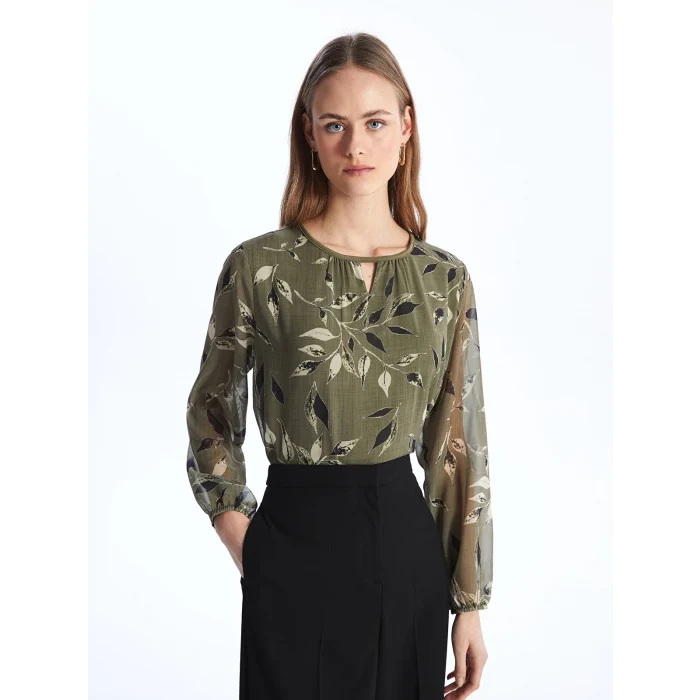 LCW Grace Haki Bisiklet Yaka Desenli Uzun Kollu Kadın Bluz