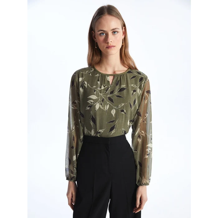 LCW Grace Haki Bisiklet Yaka Desenli Uzun Kollu Kadın Bluz