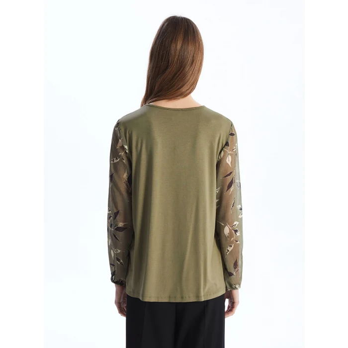 LCW Grace Haki Bisiklet Yaka Desenli Uzun Kollu Kadın Bluz