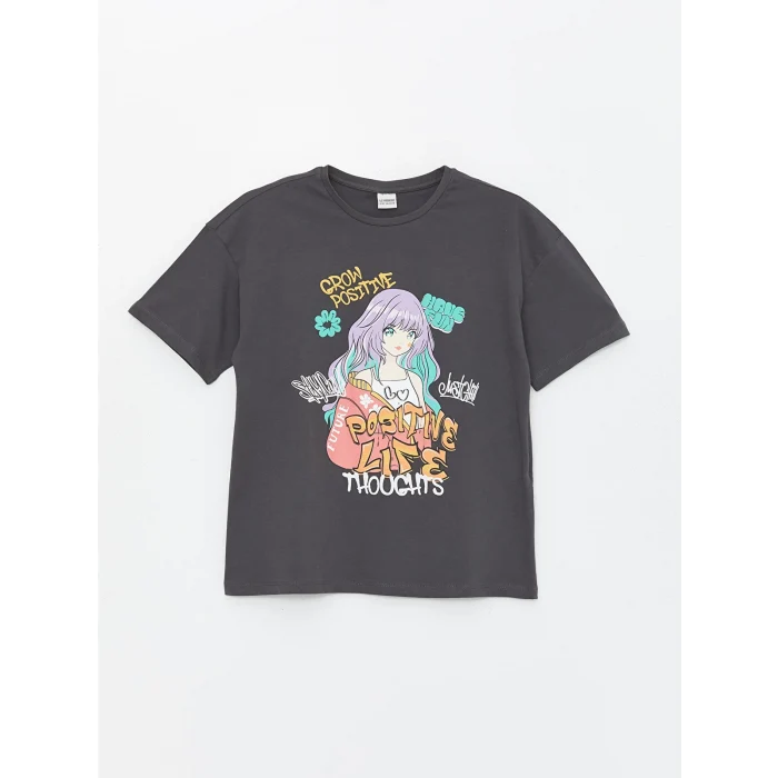 LCW Kids Gri Bisiklet Yaka Baskılı Kısa Kollu Kız Çocuk Tişört ve Tayt