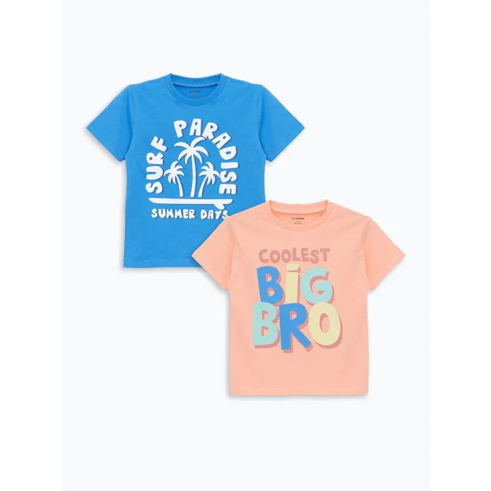 LCW Kids Mercan Bisiklet Yaka Kısa Kollu Baskılı Erkek Bebek Tişört 2li
