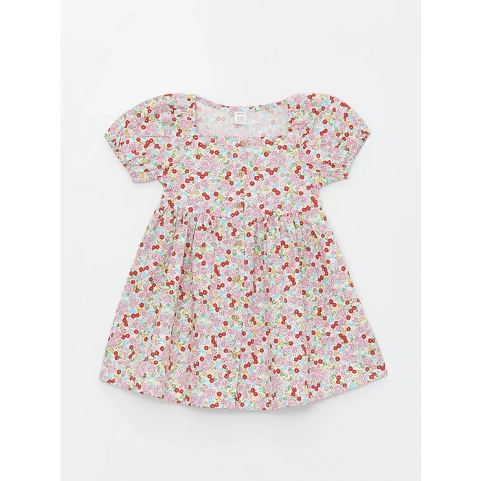 LCW Kids Pembe Kare Yaka Çiçek Desenli Kız Bebek Elbise