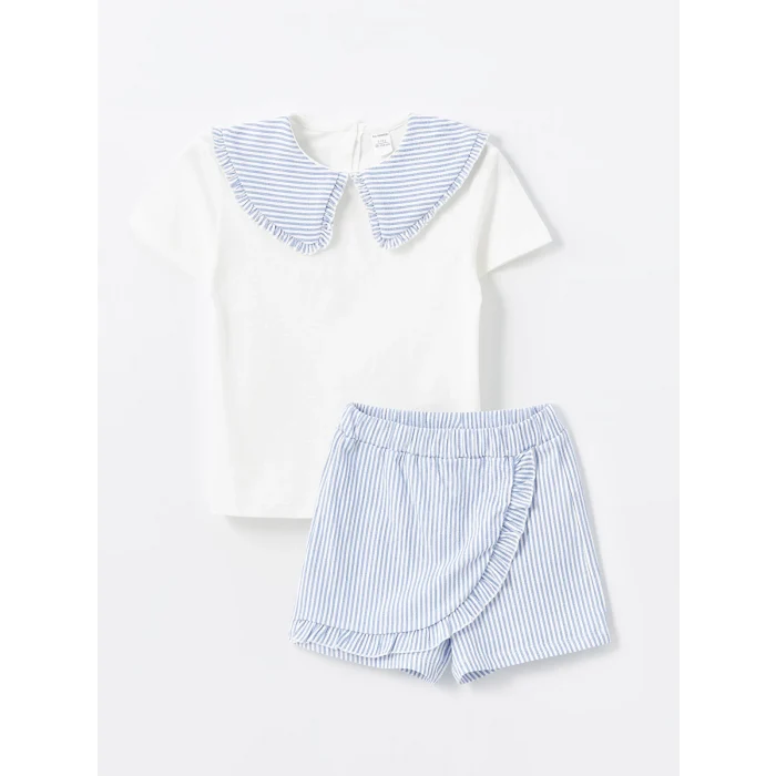 LCW Kids Ekru Bebe Yaka Çizgili Kız Bebek Bluz ve Şort Etek 2li Takım