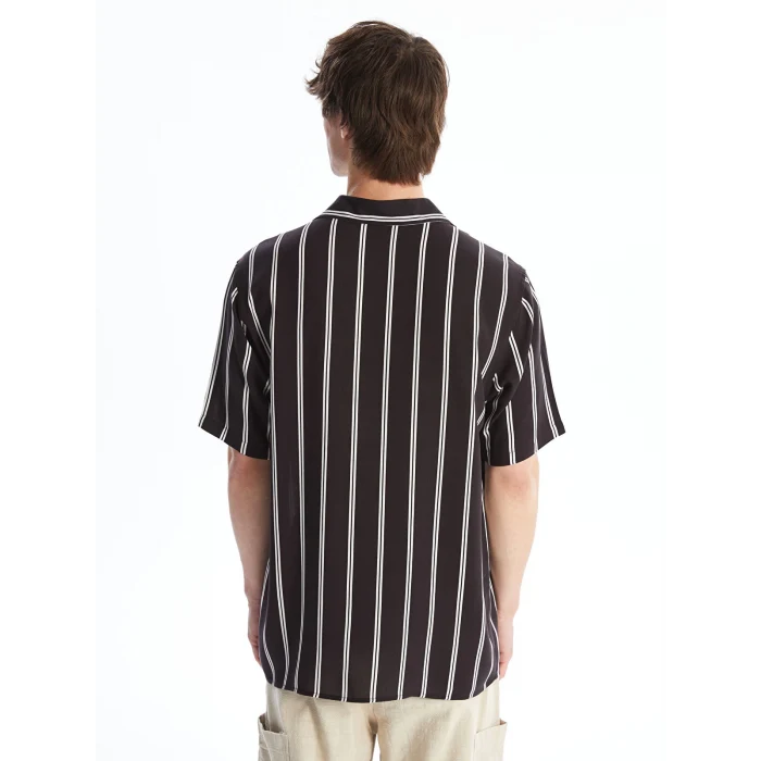 XSIDE Siyah Regular Fit Kısa Kollu Çizgili Poplin Erkek Gömlek