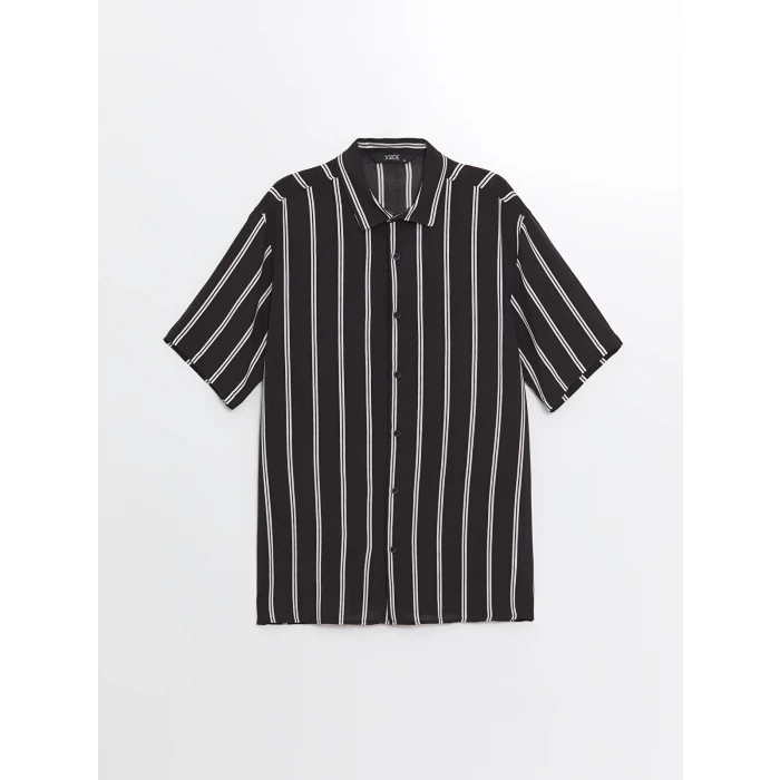 XSIDE Siyah Regular Fit Kısa Kollu Çizgili Poplin Erkek Gömlek
