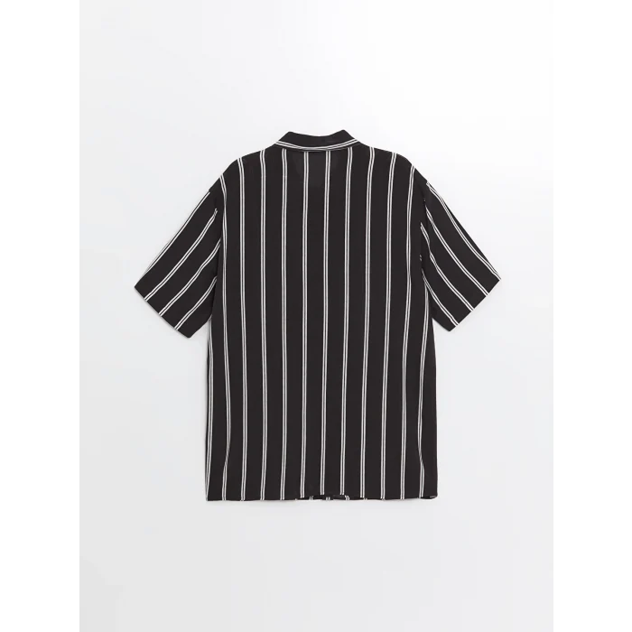 XSIDE Siyah Regular Fit Kısa Kollu Çizgili Poplin Erkek Gömlek