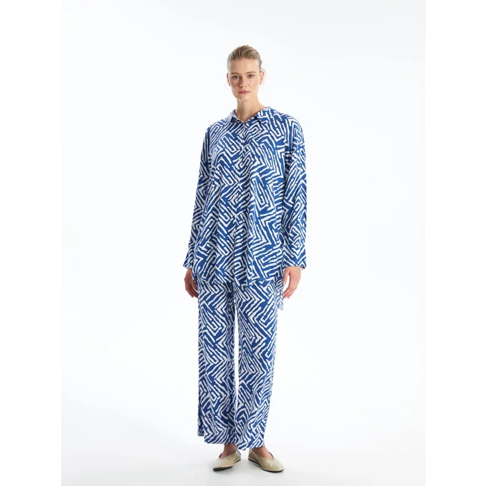 LCWAIKIKI Classic Mavi Beli Lastikli Desenli Geniş Paça Kadın Pantolon