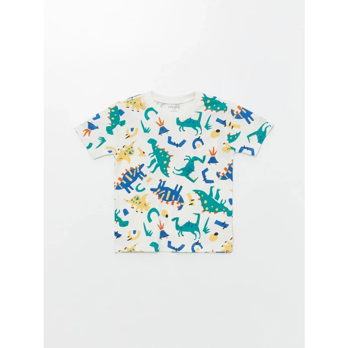 LCW Kids Ekru Bisiklet Yaka Baskılı Erkek Bebek Tişört ve Şort 2li Takım