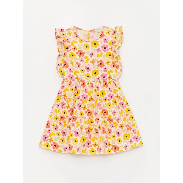 LCW Kids Ekru Bisiklet Yaka Çiçekli Kız Çocuk Elbise