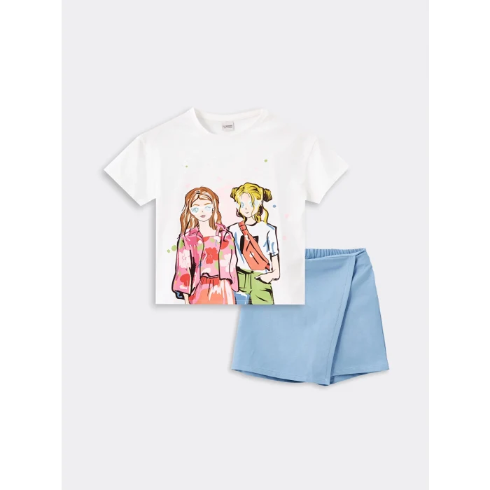LCW Kids Ekru Bisiklet Yaka Baskılı Kısa Kollu Kız Çocuk Tişört ve Şort Etek