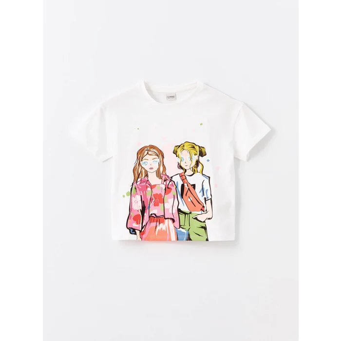 LCW Kids Ekru Bisiklet Yaka Baskılı Kısa Kollu Kız Çocuk Tişört ve Şort Etek