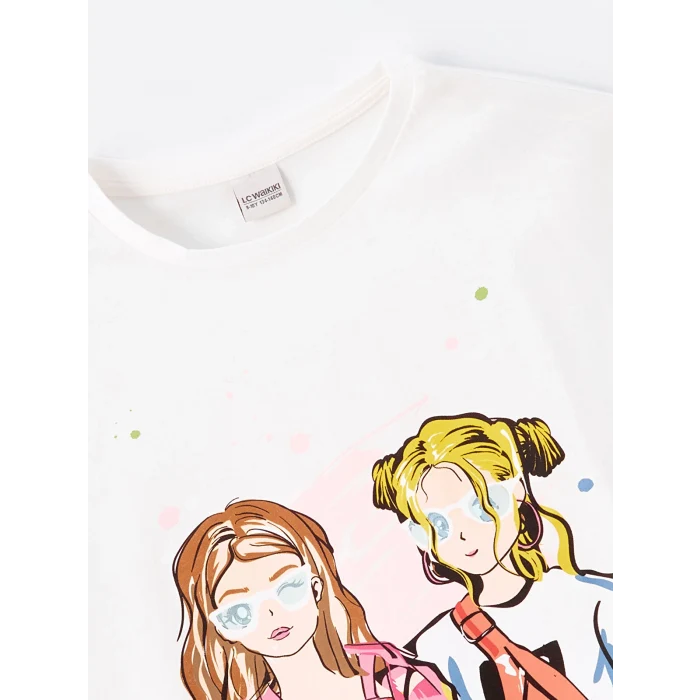 LCW Kids Ekru Bisiklet Yaka Baskılı Kısa Kollu Kız Çocuk Tişört ve Şort Etek