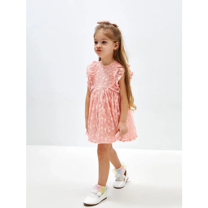 LCW Kids Pembe Bisiklet Yaka Dantelli Kız Bebek Elbise