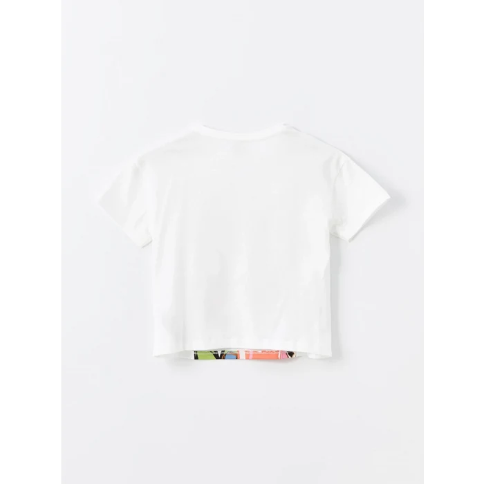 LCW Kids Ekru Bisiklet Yaka Baskılı Kısa Kollu Kız Çocuk Tişört ve Şort Etek