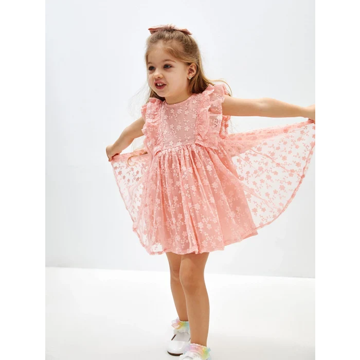 LCW Kids Pembe Bisiklet Yaka Dantelli Kız Bebek Elbise