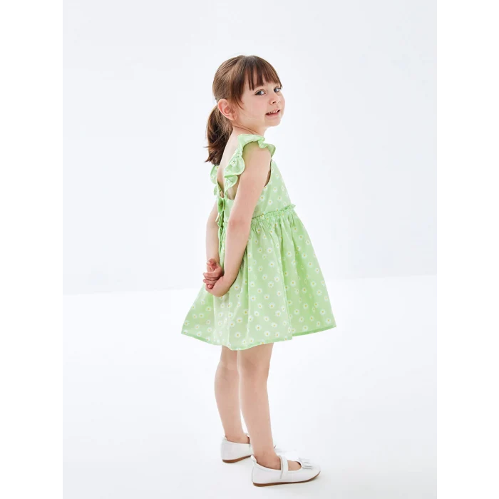 LCW Kids Yeşil Kare Yaka Kolsuz Çiçekli Kız Bebek Elbise