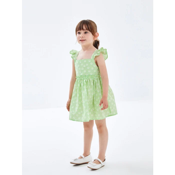LCW Kids Yeşil Kare Yaka Kolsuz Çiçekli Kız Bebek Elbise