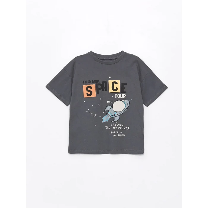 LCW Kids Gri Bisiklet Yaka Baskılı Erkek Bebek Tişört ve Şort 2li Takım