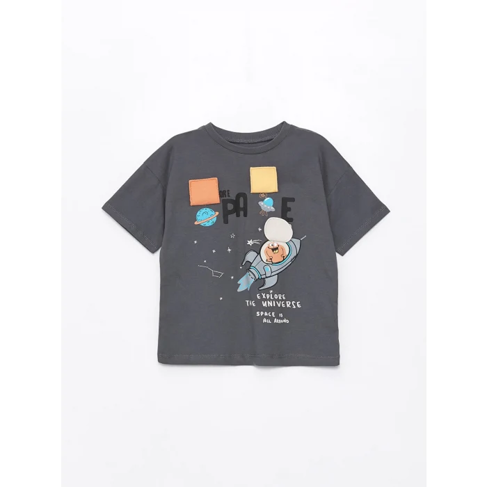 LCW Kids Gri Bisiklet Yaka Baskılı Erkek Bebek Tişört ve Şort 2li Takım