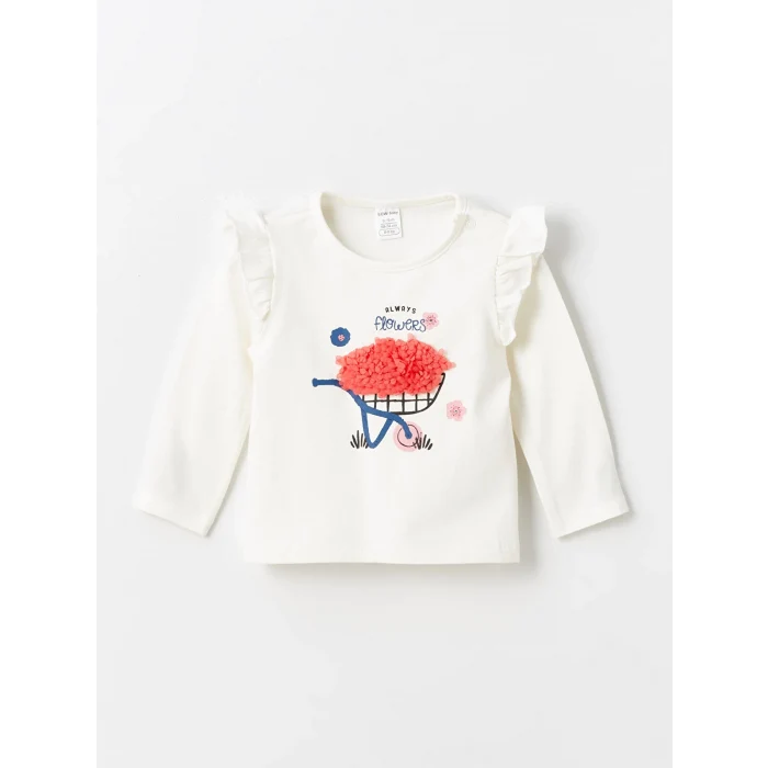 LCW baby Ekru Bisiklet Yaka Uzun Kollu Baskılı Kız Bebek Bluz ve Tayt Pantolon 2li Takım