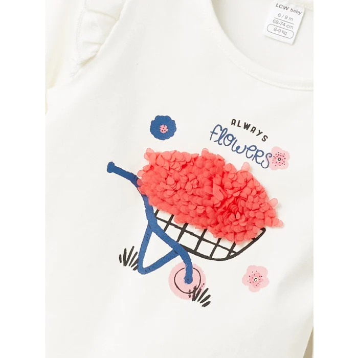 LCW baby Ekru Bisiklet Yaka Uzun Kollu Baskılı Kız Bebek Bluz ve Tayt Pantolon 2li Takım