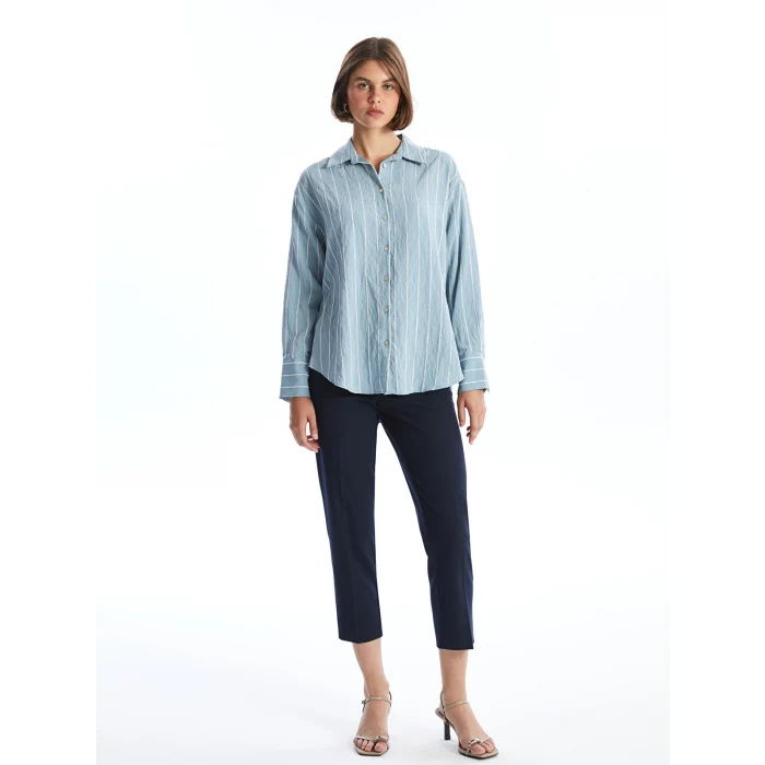 LCW Vision Mavi Çizgili Uzun Kollu Oversize Kadın Gömlek