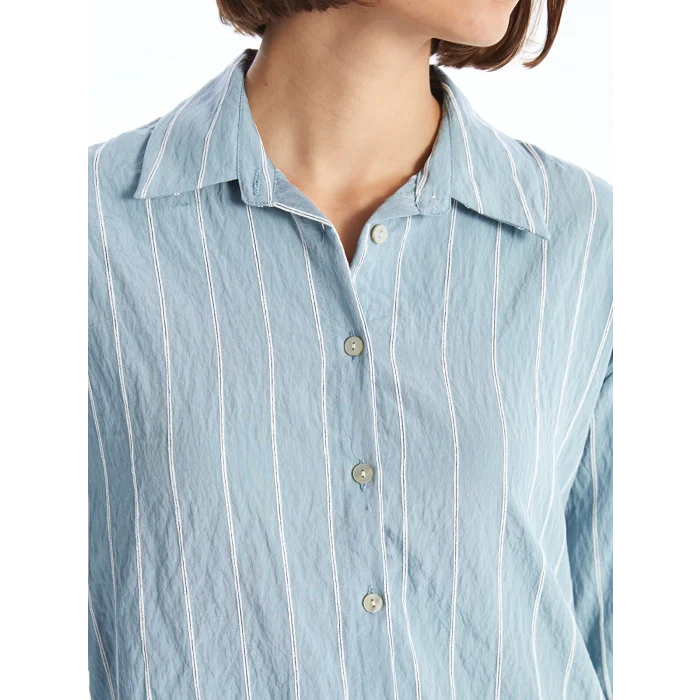 LCW Vision Mavi Çizgili Uzun Kollu Oversize Kadın Gömlek