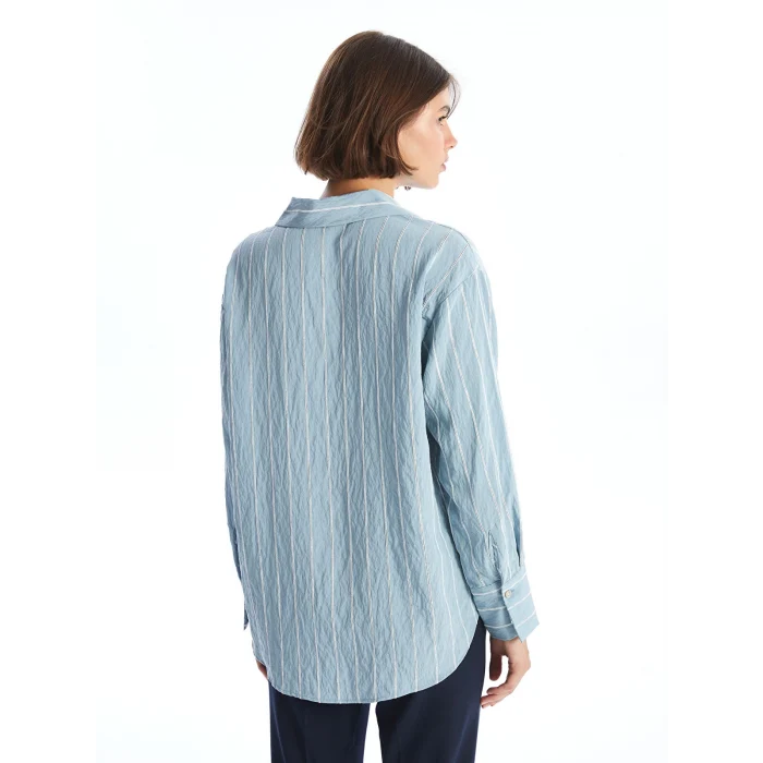 LCW Vision Mavi Çizgili Uzun Kollu Oversize Kadın Gömlek