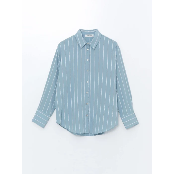 LCW Vision Mavi Çizgili Uzun Kollu Oversize Kadın Gömlek