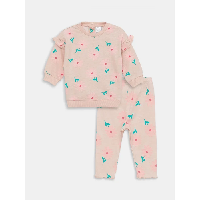 LCW baby Pembe Bisiklet Yaka Uzun Kollu Baskılı Kız Bebek Sweatshirt ve Tayt 2li Takım