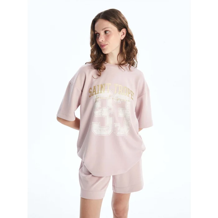 LCW Vision Pembe Bisiklet Yaka Baskılı Kısa Kollu Oversize Kadın Tişört